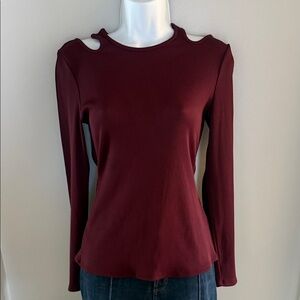 White House Black Market Maroon Cut-Out Shoulder Long Sleeve Top